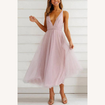 Robe mi-longue pour femme en tulle avec encolure en V – Élégante et raffinée pour les occasions spéciales
