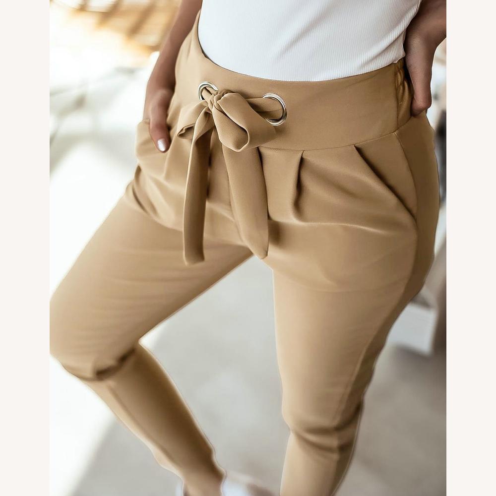 Pantalon décontracté taille haute pour femme en polyester et élasthanne – Confort et élégance, disponible en plusieurs couleurs