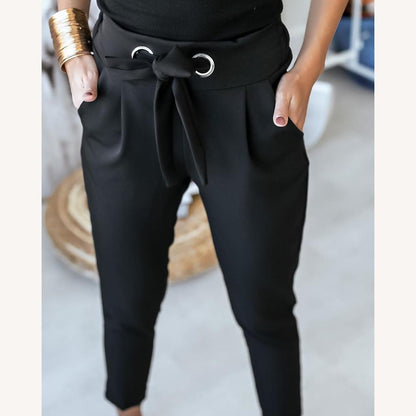 Pantalon décontracté taille haute pour femme en polyester et élasthanne – Confort et élégance, disponible en plusieurs couleurs