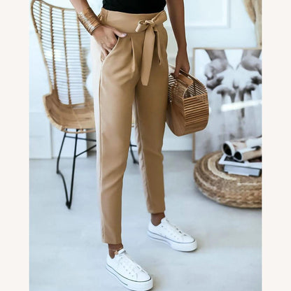 Pantalon décontracté taille haute pour femme en polyester et élasthanne – Confort et élégance, disponible en plusieurs couleurs