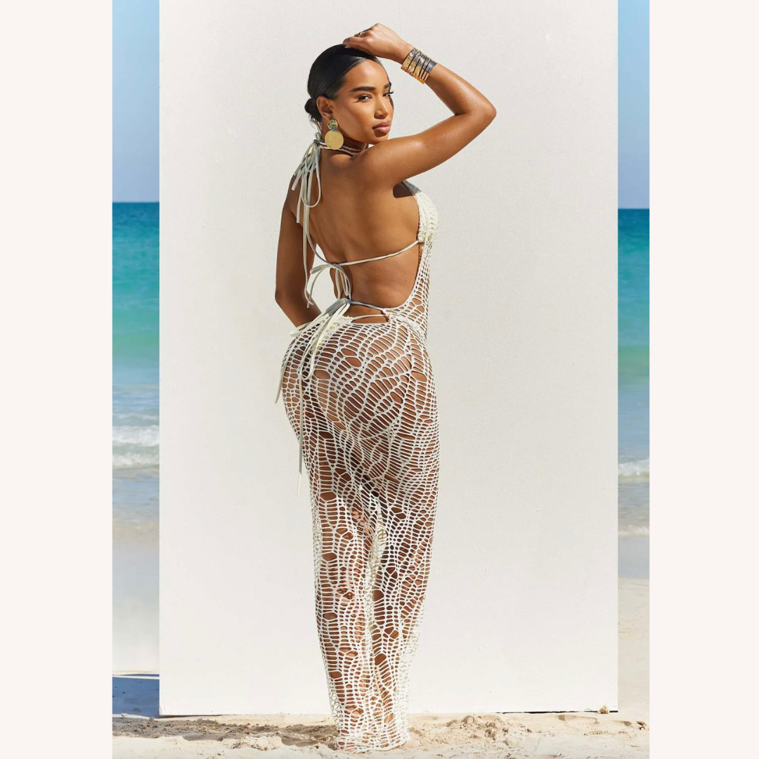 Elegant Long Crochet Dress for Women - Chic Coastal Maxi, Fitted Silhouette for Summer