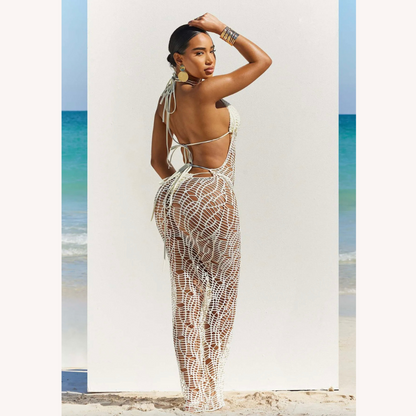 Elegant Long Crochet Dress for Women - Chic Coastal Maxi, Fitted Silhouette for Summer