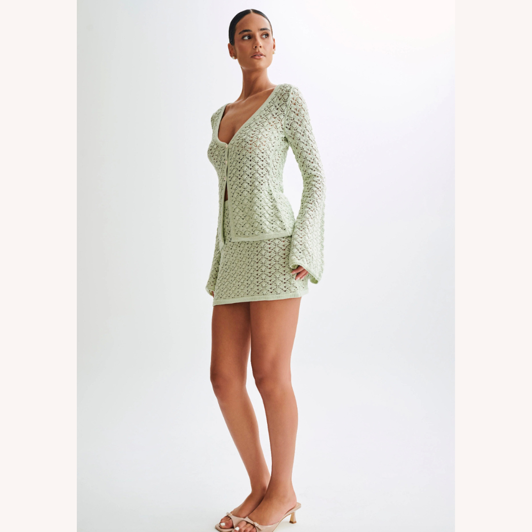 Ensemble bohème chic pour femme en crochet - Gilet à col en V et mini-jupe assortie en coton respirant