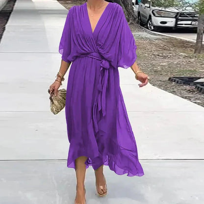Robe longue élégante d'été pour femme avec ceinture et ourlet asymétrique en tissu léger