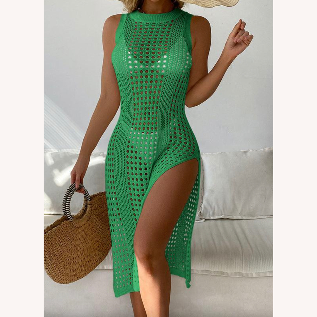 Robe de plage en crochet élégante pour femme – Midi confortable avec fente latérale en mélange de coton