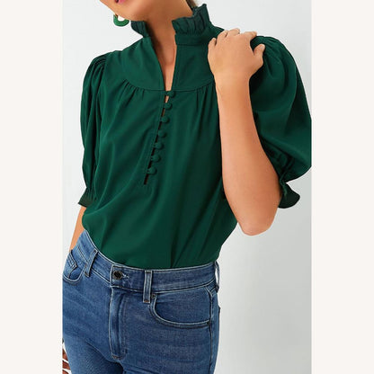 Elegant Women's Blouse with Ruffles Dark Green, Puff Sleeves, High Collar, Fitted Cut