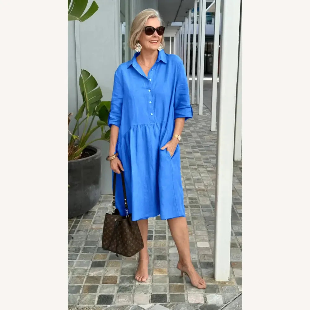Robe décontractée pour femme en lin et coton mi-longue - Confortable avec poches, encolure ronde, plusieurs couleurs