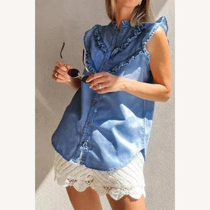 Blouse sans manches pour femme en denim bleu doux avec détails à volants – Style élégant et confortable
