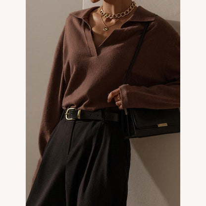 Pull doux en maille pour femme avec col polo et encolure en V – Coupe ample et élégante, idéal pour toutes les occasions
