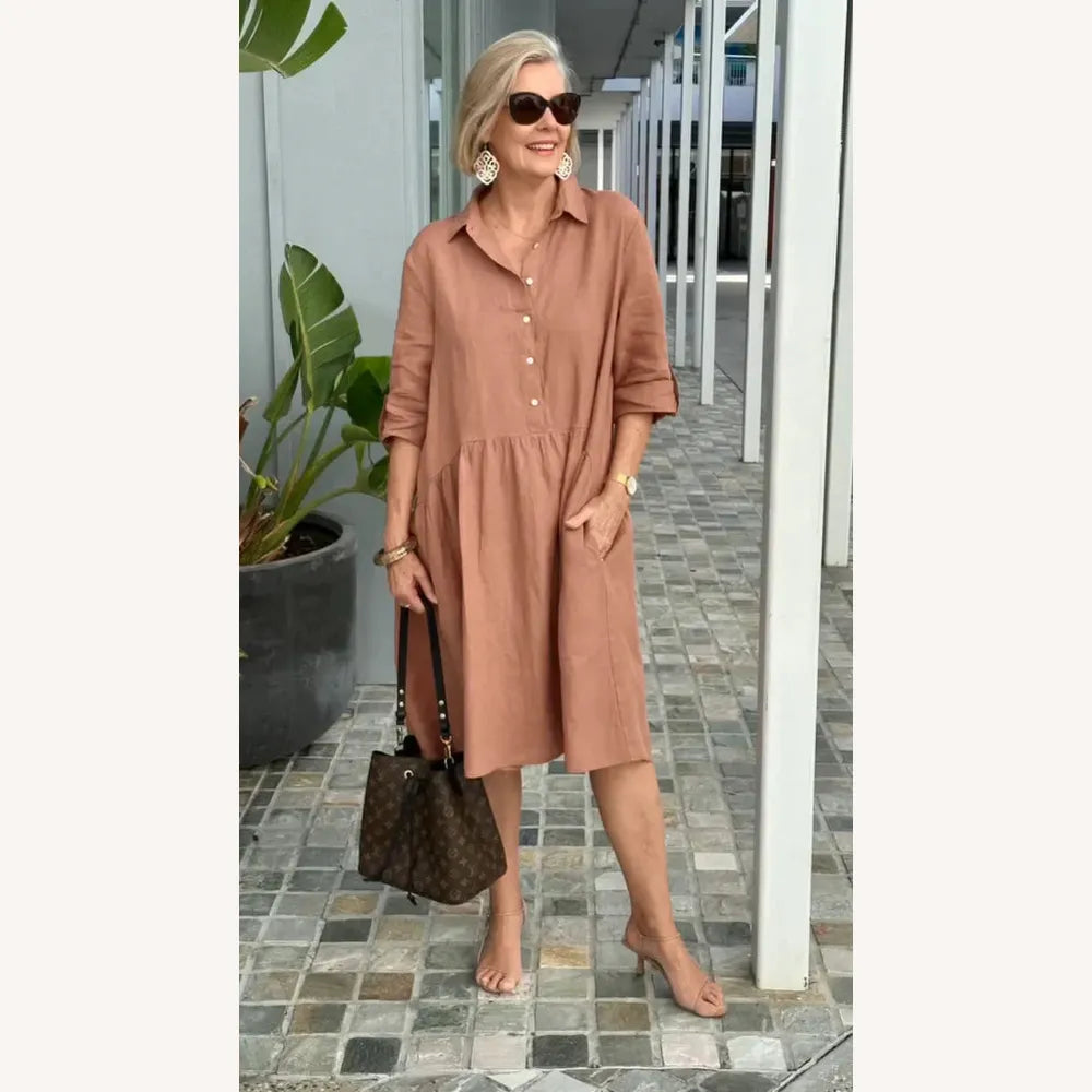 Variant image for Robe Femme Décontractée en Lin et Coton Mi-Longue - Confortable avec Poches, Encolure Ronde, Plusieurs Couleurs-2