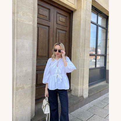 Blouse nouée féminine en coton léger avec manches bouffantes – Col en V élégant et coupe ample