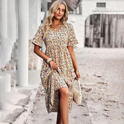 Women's Long Floral Summer Dress – Elegant in Apricot, Black, Blue, Green, and Royal Blue, Chic and Versatile Model