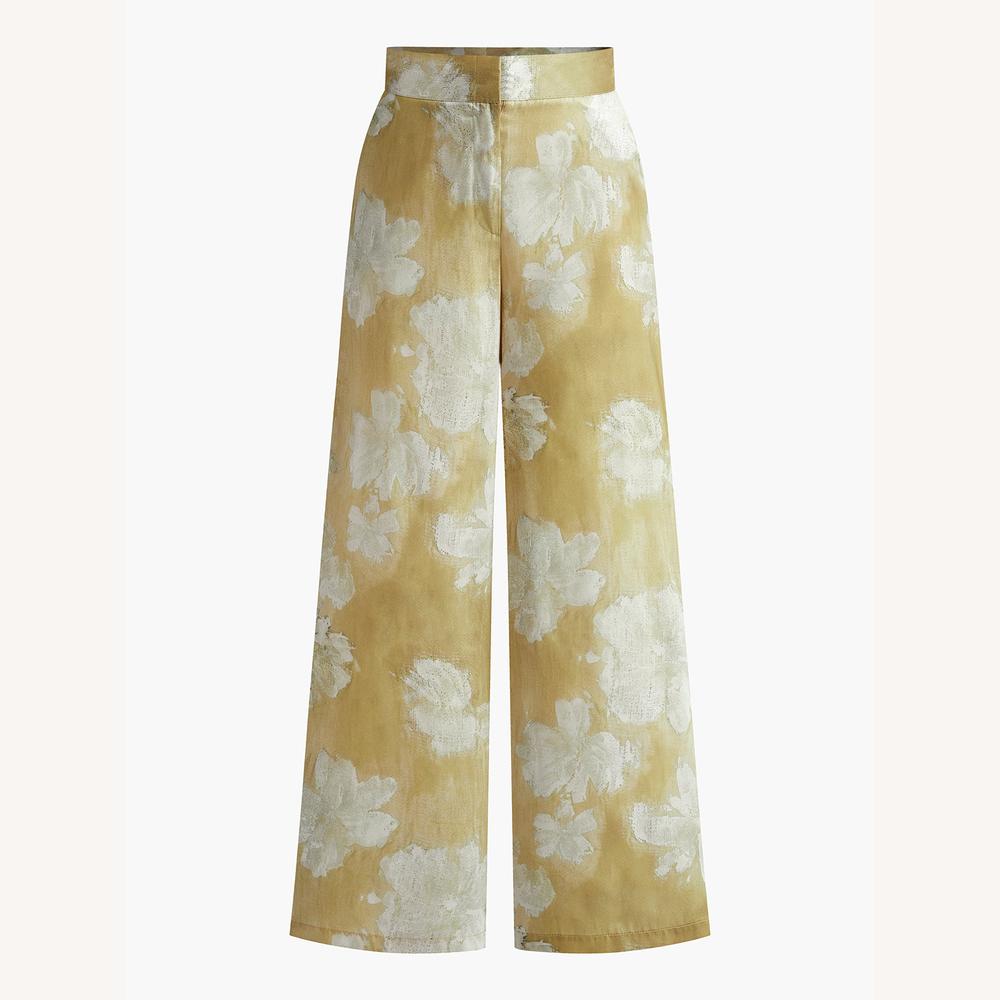 Pantalon fluide élégant pour femme à taille haute avec imprimé floral – Jaune, coupe droite légère et confortable