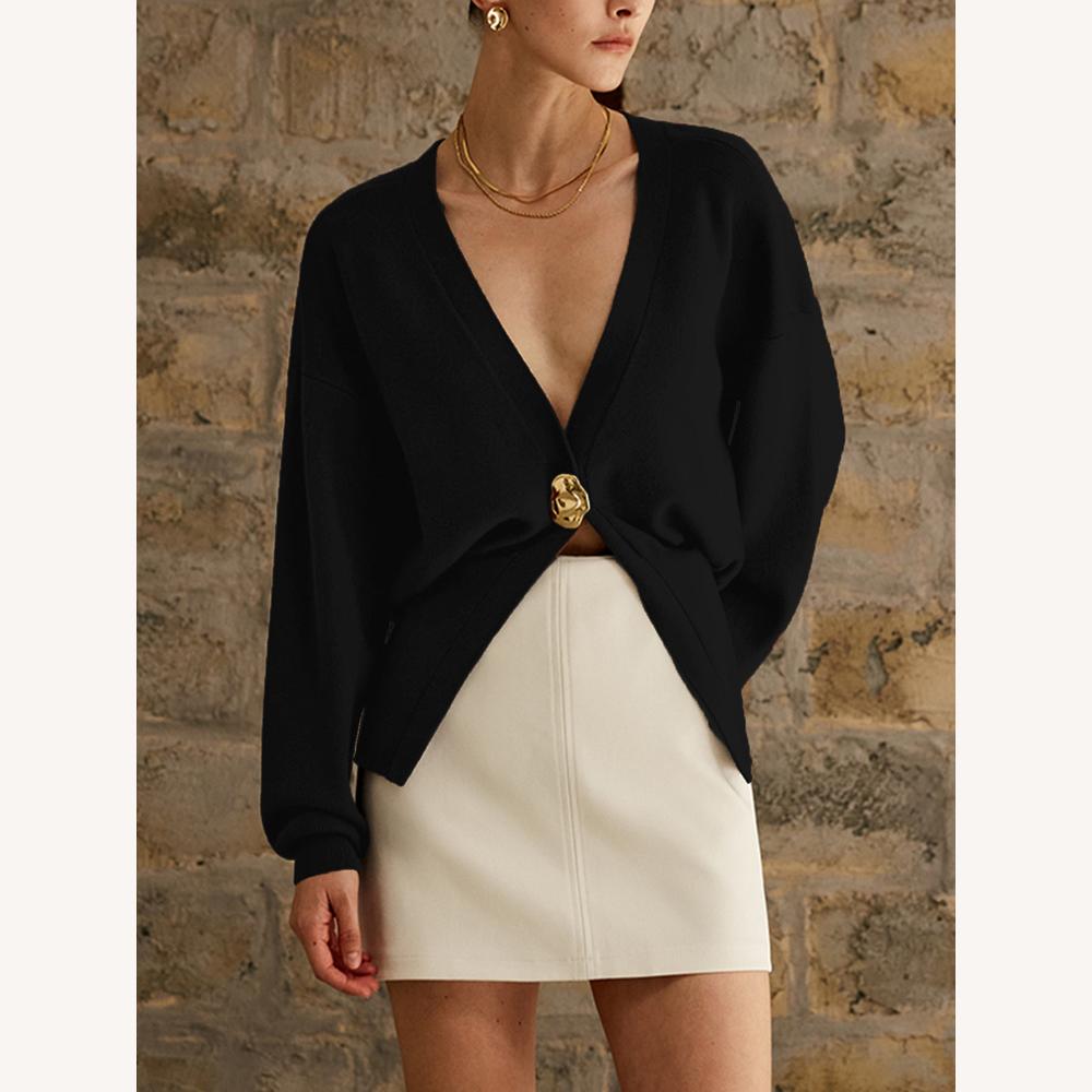 Pull ample à col en V pour femme en maille douce – Élégant et confortable, manches longues, couleur unie