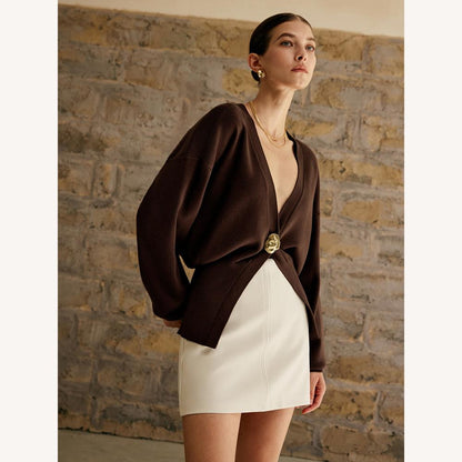 Pull ample à col en V pour femme en maille douce – Élégant et confortable, manches longues, idéal pour un look décontracté ou professionnel