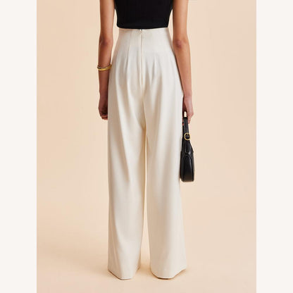 Pantalon fluide beige pour femme, taille haute, jambes larges avec boutons dorés – Élégance et confort