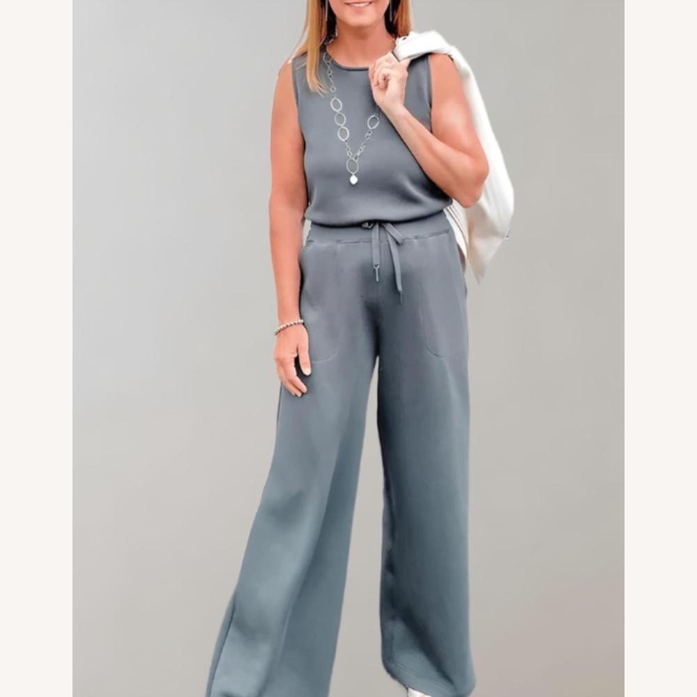 Ensemble élégant pour femme en tissu doux – Débardeur sans manches et pantalon large taille haute