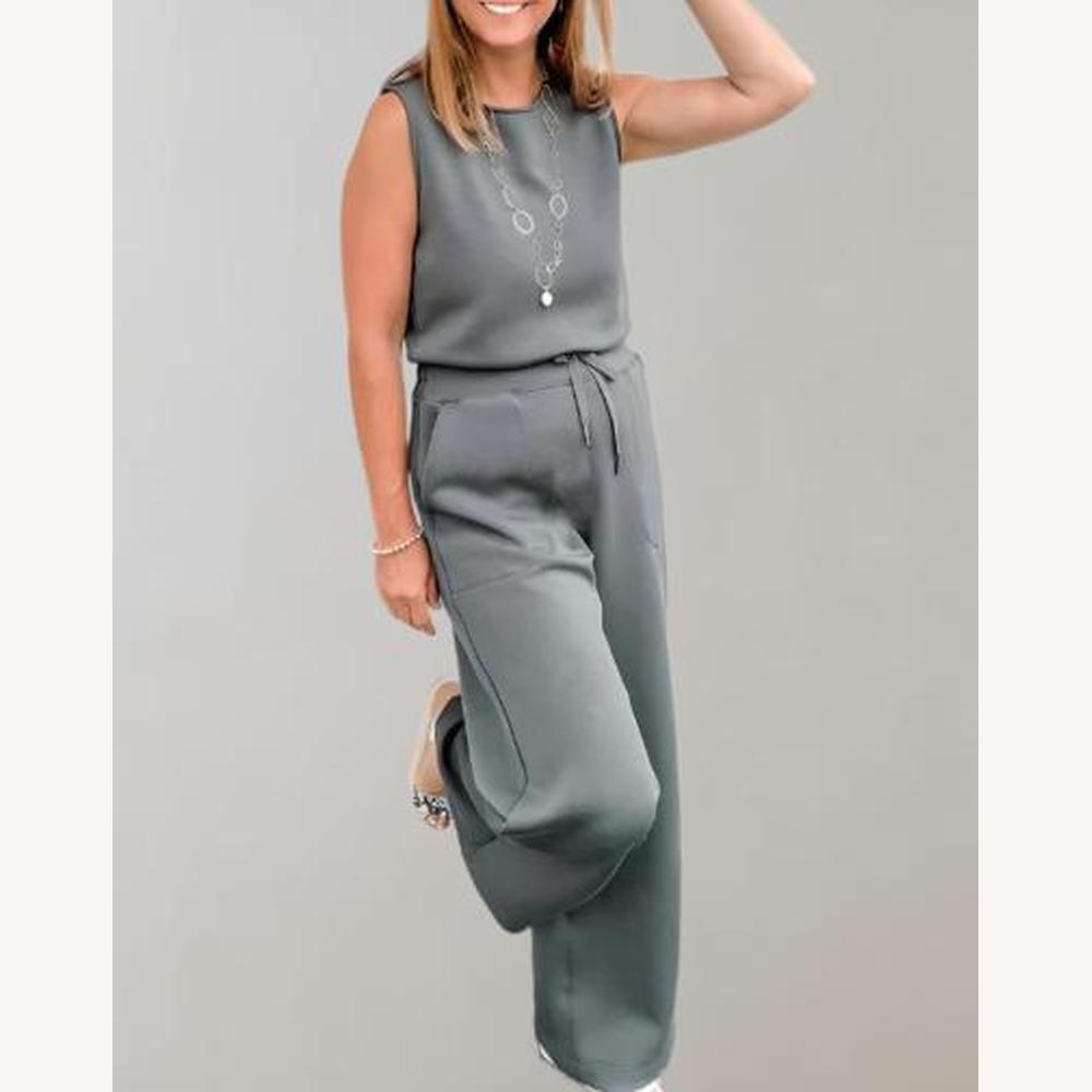 Ensemble élégant pour femme en tissu doux – Débardeur sans manches et pantalon large taille haute