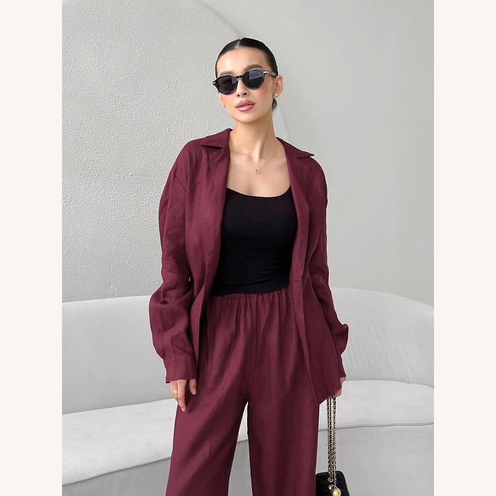Ensemble léger en lin pour femme - Chemise boutonnée et pantalon élastique, élégant et confortable