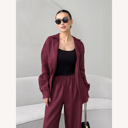 Ensemble léger en lin pour femme - Chemise boutonnée et pantalon élastique, élégant et confortable