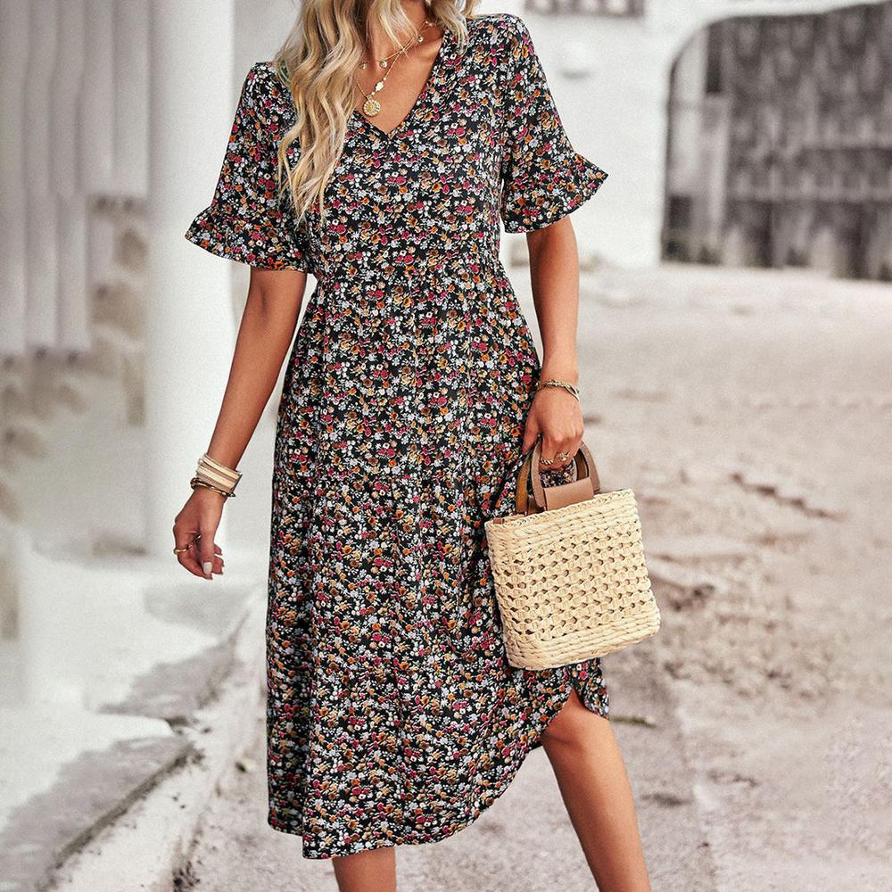 Women's Long Floral Summer Dress – Elegant in Apricot, Black, Blue, Green, and Royal Blue, Chic and Versatile Model