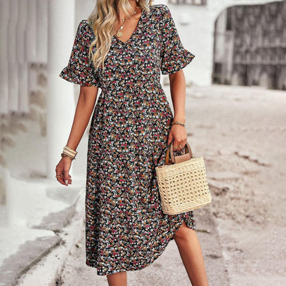 Women's Long Floral Summer Dress – Elegant in Apricot, Black, Blue, Green, and Royal Blue, Chic and Versatile Model