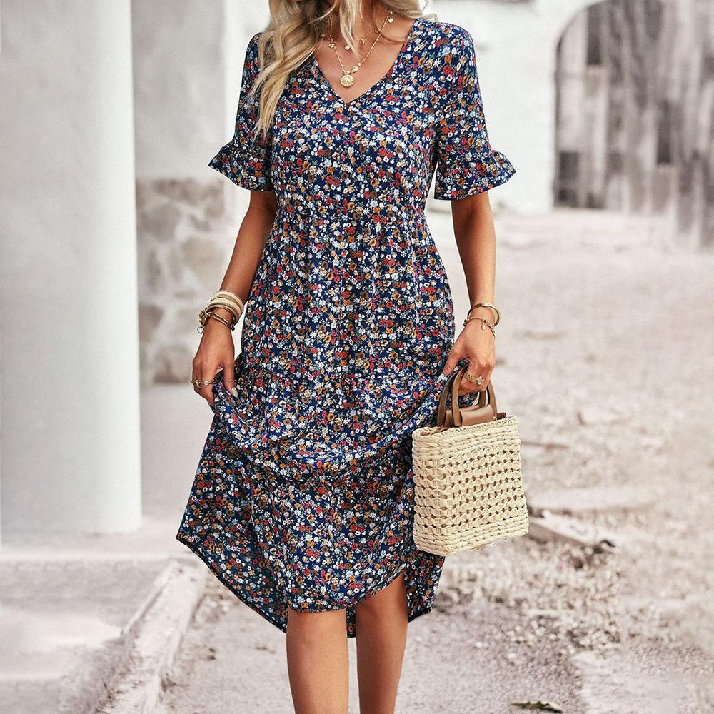 Women's Long Floral Summer Dress – Elegant in Apricot, Black, Blue, Green, and Royal Blue, Chic and Versatile Model