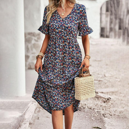 Women's Long Floral Summer Dress – Elegant in Apricot, Black, Blue, Green, and Royal Blue, Chic and Versatile Model