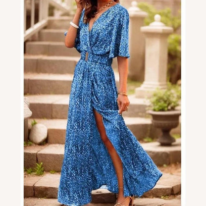 Robe longue élégante pour femme avec col en V et imprimé floral – Robe longue d'été pour soirée, toutes occasions