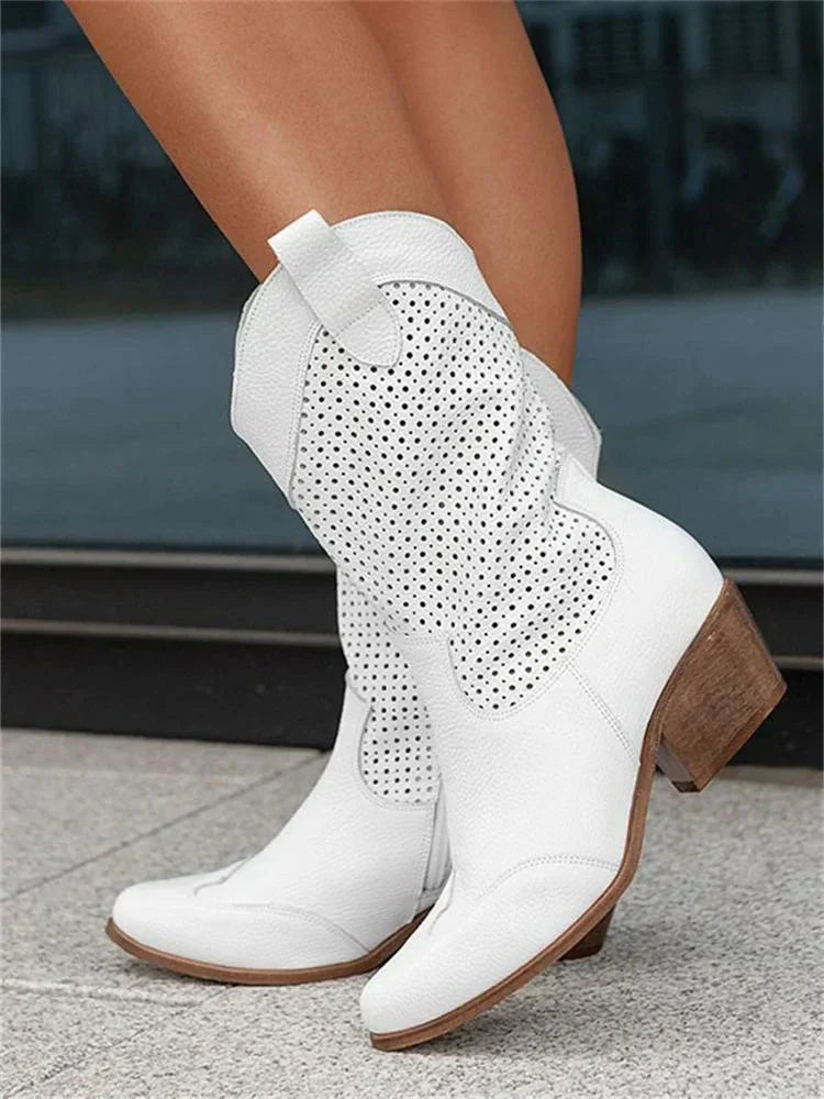 Bottines Western Femme Noires en Similicuir Perforé – Confort et Élégance Mi-Mollet 0