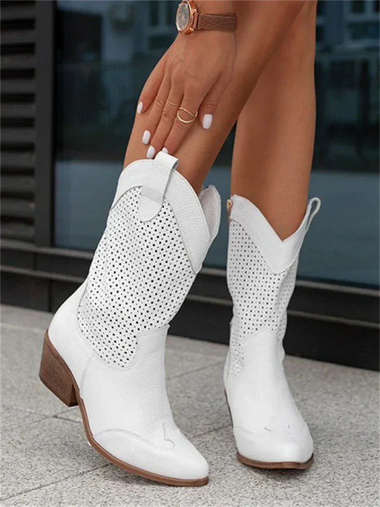 Bottines Western Femme Noires en Similicuir Perforé – Confort et Élégance Mi-Mollet 1