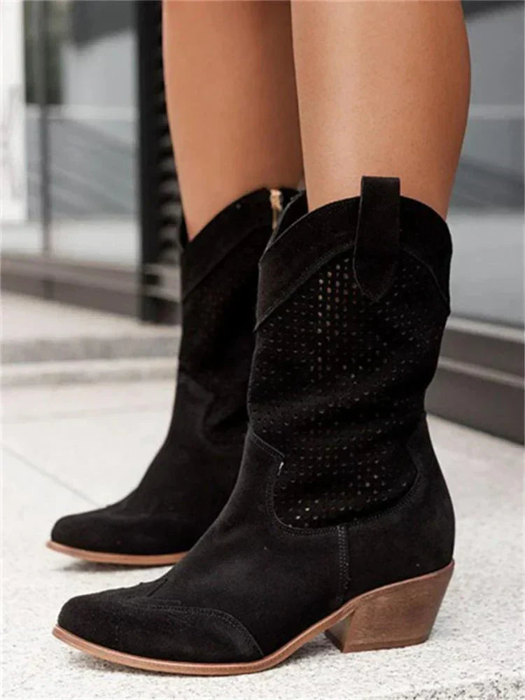 Bottines Western Femme Noires en Similicuir Perforé – Confort et Élégance Mi-Mollet 3