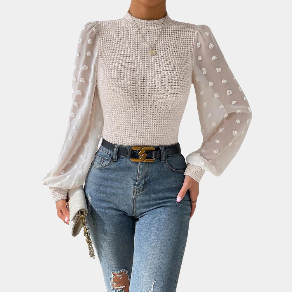 Haut en maille texturée pour femmes avec manches bouffantes en tulle transparent – Élégance romantique, ajusté et confortable
