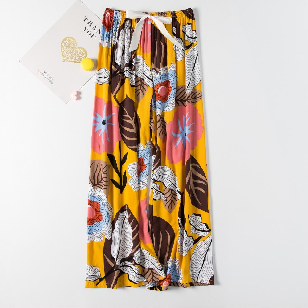 Pantalon fluide en satin de coton pour femme avec motif floral – Coupe ample et confort optimal, disponible en plusieurs tailles