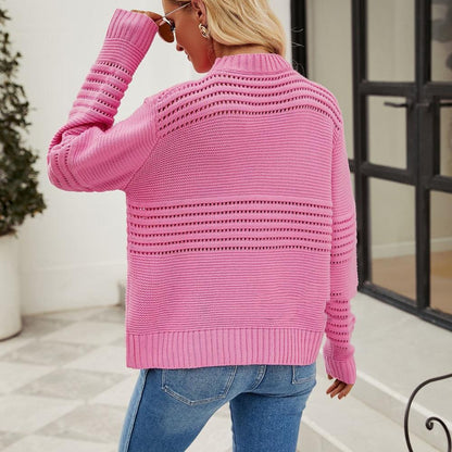 Pull-over ajouré décontracté pour femme à col rond – Manches longues, coupe ample, idéal pour les tenues de tous les jours et de rue
