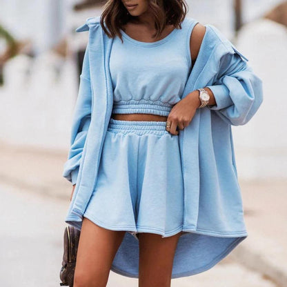 Ensemble décontracté pour femme en 3 pièces – Haut court, jupe taille haute et chemise ample en coton-polyester, confort et style