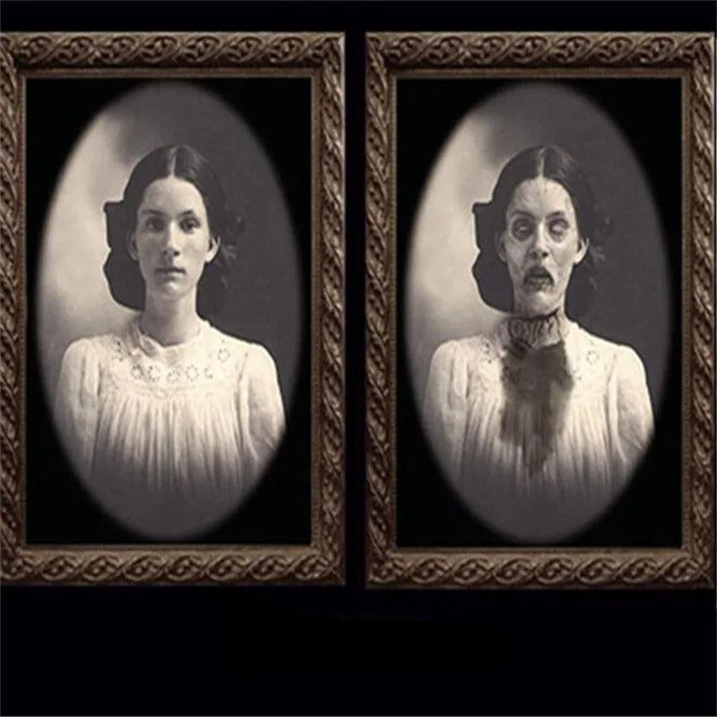 Cadre photo animé en 3D Fantôme effrayant d'Halloween en PVC noir – Décoration unique pour la fête d'Halloween