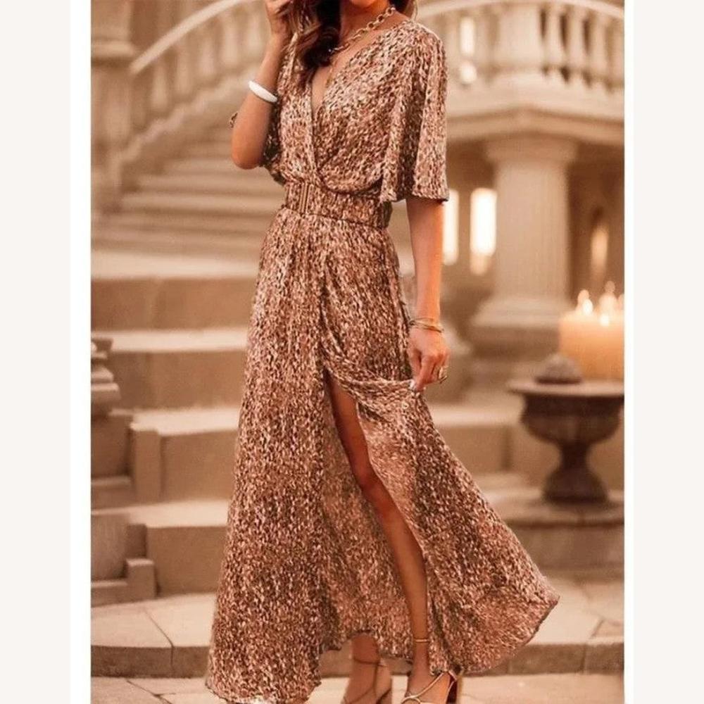 Robe longue élégante pour femme avec col en V et imprimé floral – Robe longue d'été pour soirée, toutes occasions