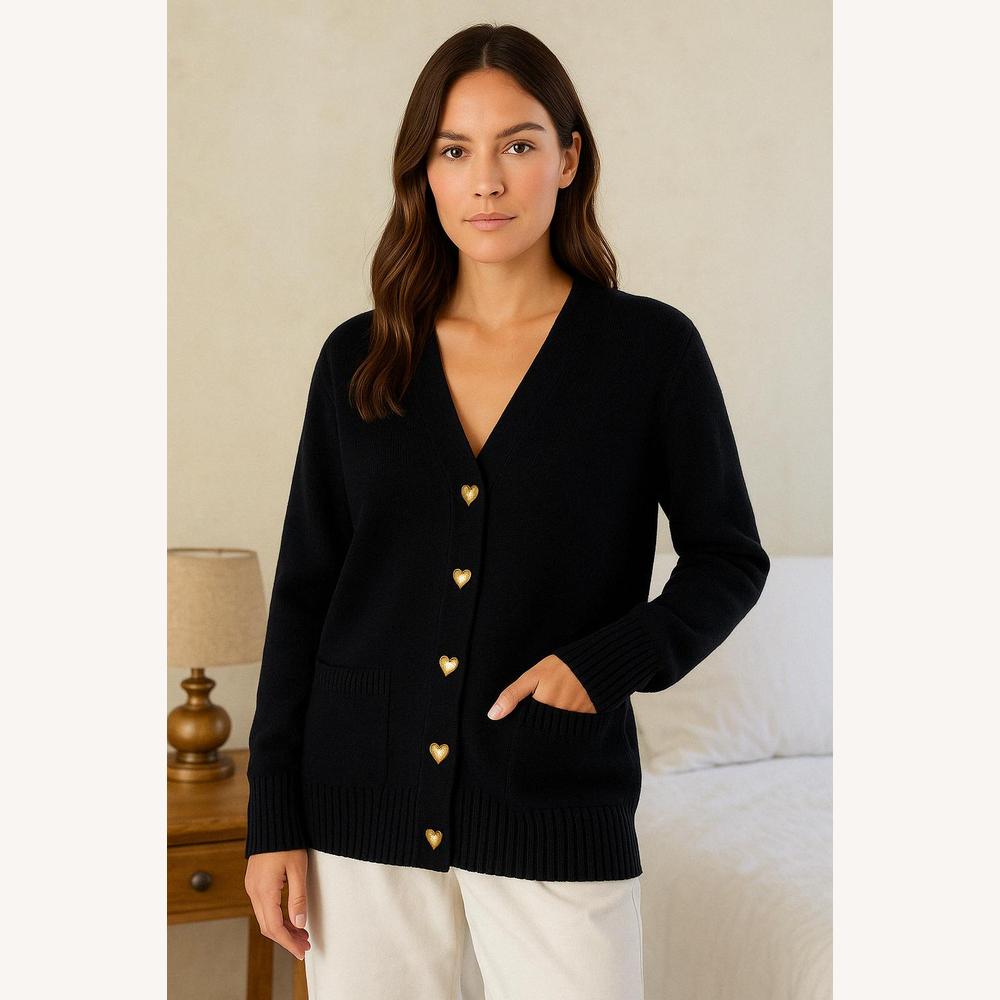 Cardigan doux en tricot à col en V pour femme avec boutons en forme de cœur – Élégance et confort, manches longues, coupe ample