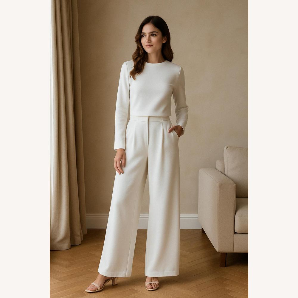 Ensemble élégant pour femme avec pantalon large – Haut court et pantalon taille haute en polyester