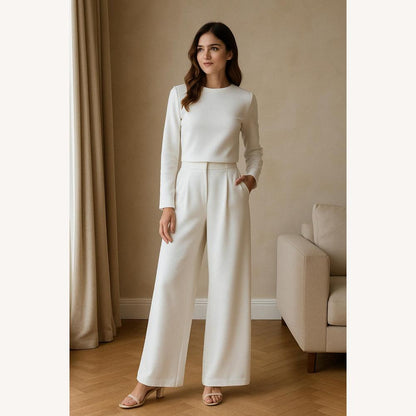 Ensemble élégant pour femme avec pantalon large – Haut court et pantalon taille haute en polyester