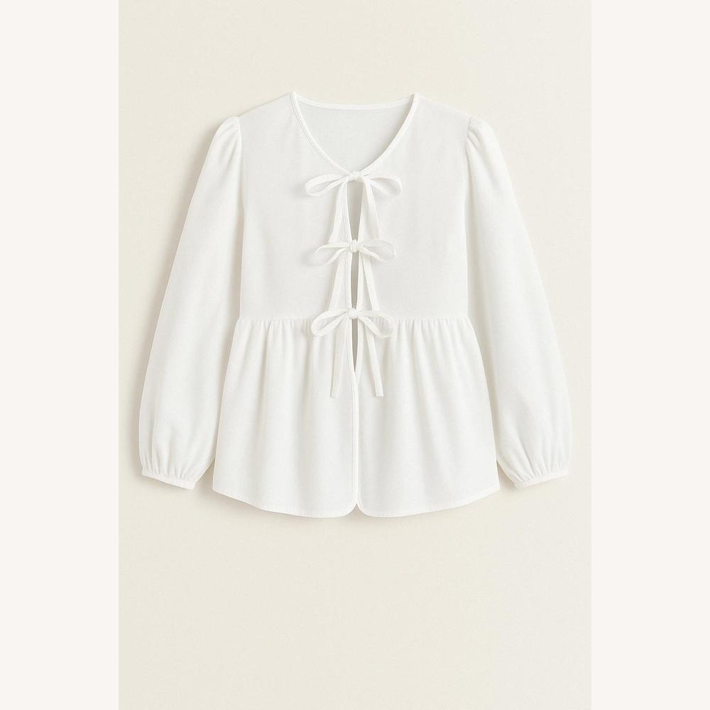 Blouse nouée féminine en coton léger avec manches bouffantes – Col en V élégant et coupe ample