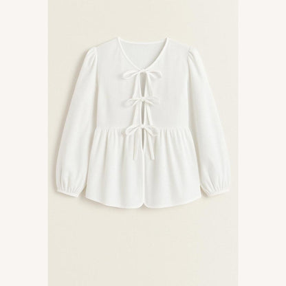 Blouse nouée féminine en coton léger avec manches bouffantes – Col en V élégant et coupe ample