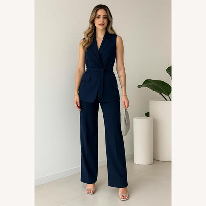 Ensemble élégant pour femme – Veste sans manches et pantalon droit taille haute, élégance moderne pour bureau et événements