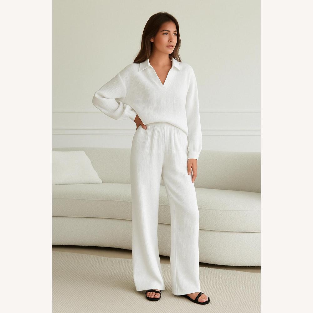 Ensemble assorti en coton gaufré pour femmes – Chemise ample et pantalon à jambes larges, coupe décontractée, style informel