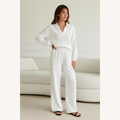 Ensemble assorti en coton gaufré pour femmes – Chemise ample et pantalon à jambes larges, coupe décontractée, style informel