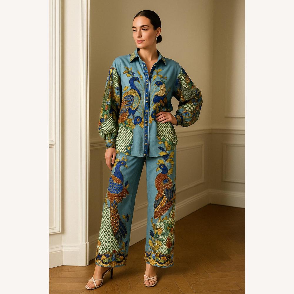 Ensemble pour femme à motif paon – Chemise ample et pantalon large, style artistique et à la mode