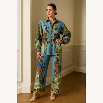 Ensemble pour femme à motif paon – Chemise ample et pantalon large, style artistique et à la mode