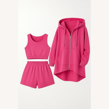 Ensemble décontracté pour femme en 3 pièces – Haut court, jupe taille haute et chemise ample en coton-polyester, confort et style