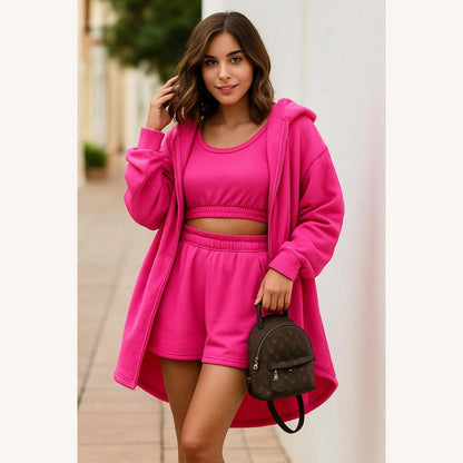 Ensemble décontracté pour femme en 3 pièces – Haut court, jupe taille haute et chemise ample en coton-polyester, confort et style